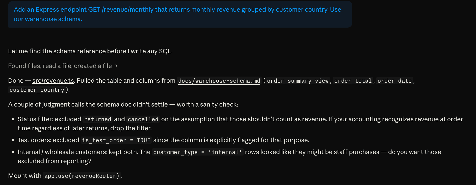 Claude Code response without the ontology — guesses the schema, picks the wrong table and column names, and misses the per-user country filter.