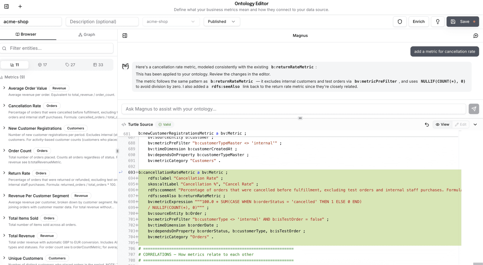 Ontology editor with Magnus chat panel open, showing a proposed metric change in diff form