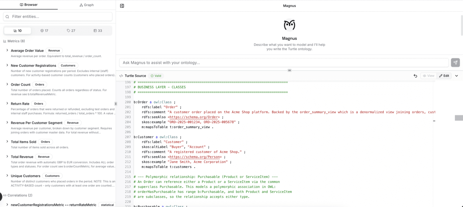 Magnowlia ontology editor with AI assistant, entity browser, and code editor